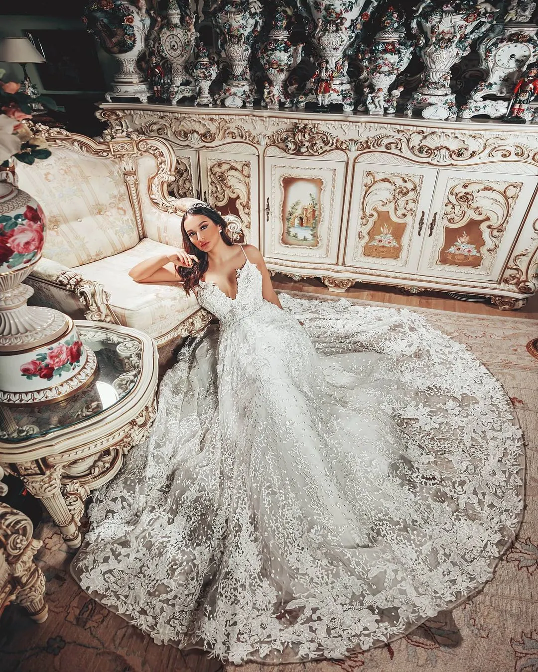 Look Stunning in Amazing Deep V-neck A-Line Floor-length Wedding Dress With Tulle Floral Lace main image 0