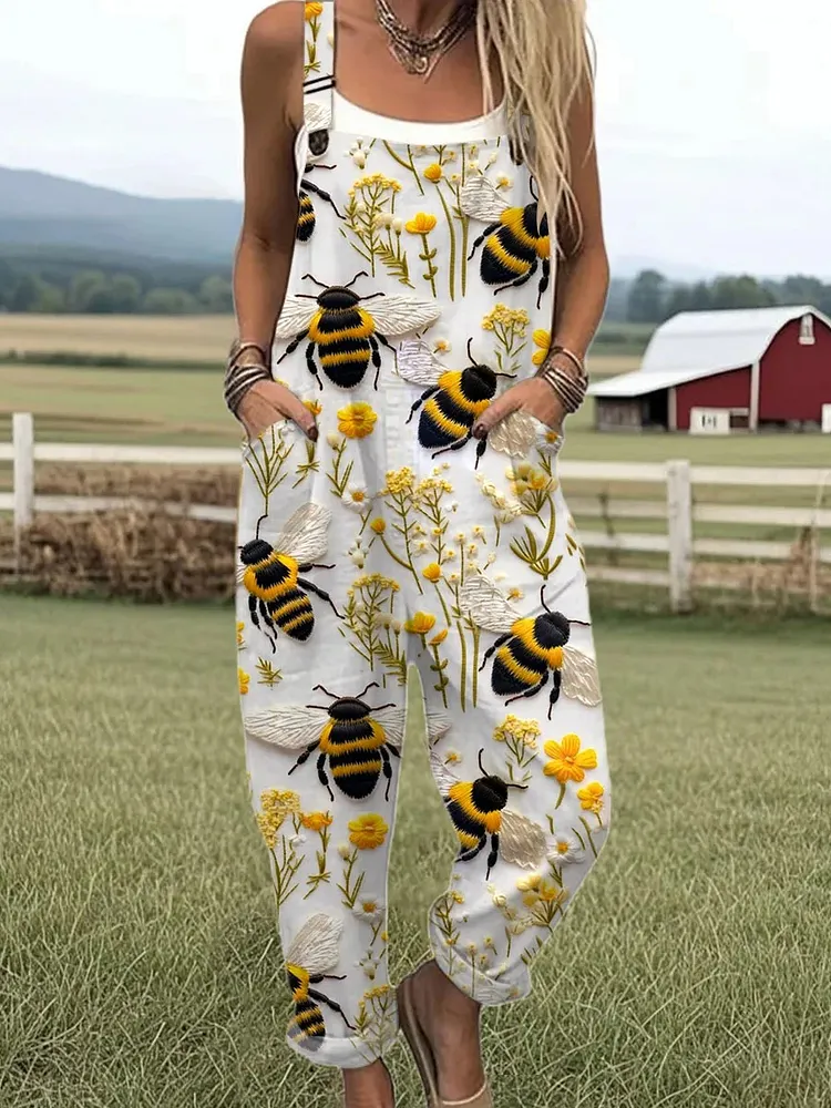 Women's Bee Vintage Flowers Art Print Casual Wide Leg Jumpsuit