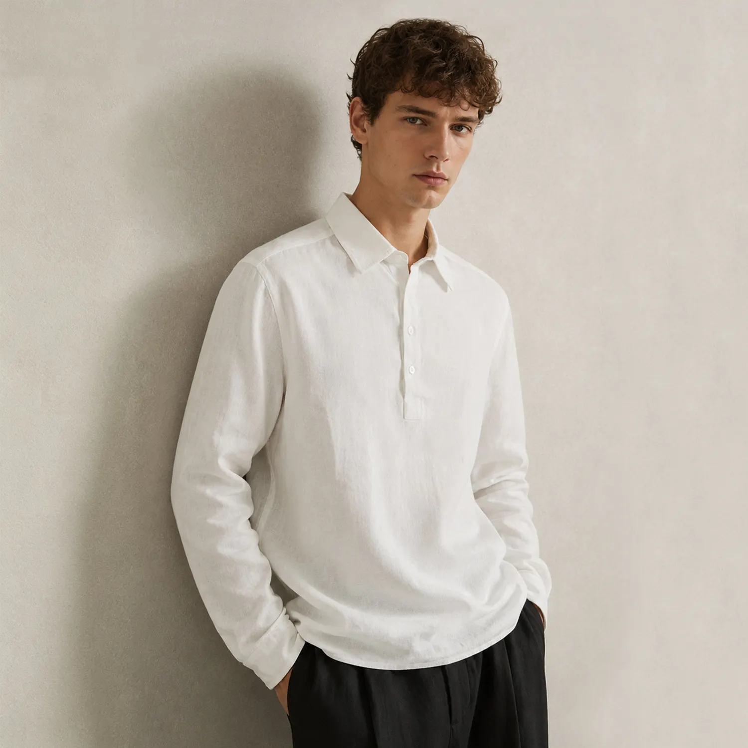 Men's Linen Popover Shirt Relaxed Fit Long Sleeve REAL SILK LIFE