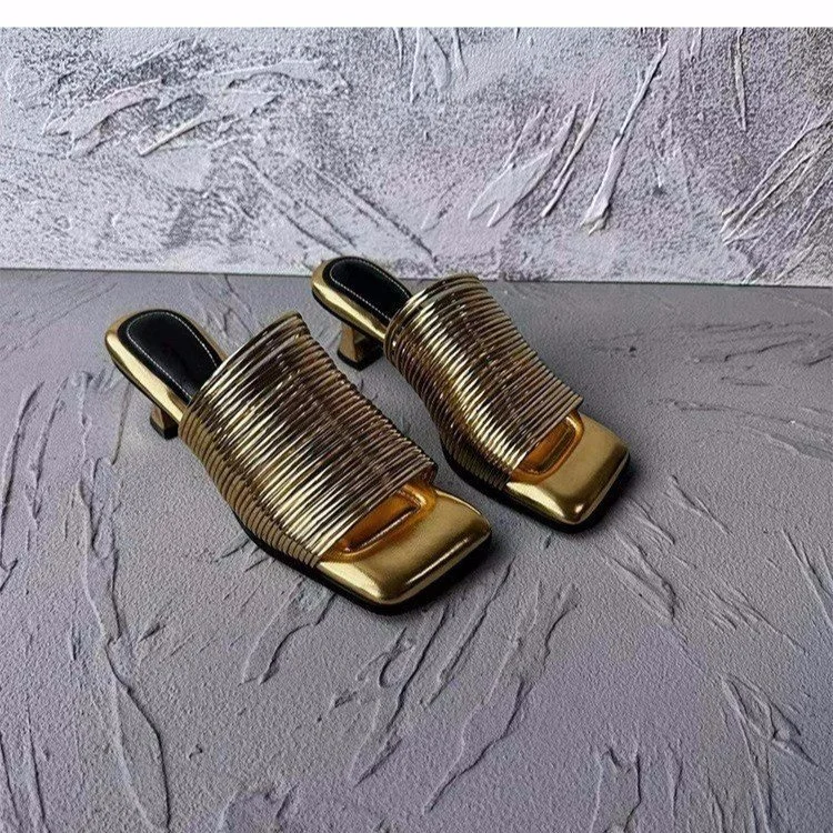 Yyvonne Head With Thin And Silver Cool Slippers Woman 2025 Summer High Heel Half-Dragging Wearing Silver Gold Simple Slippers