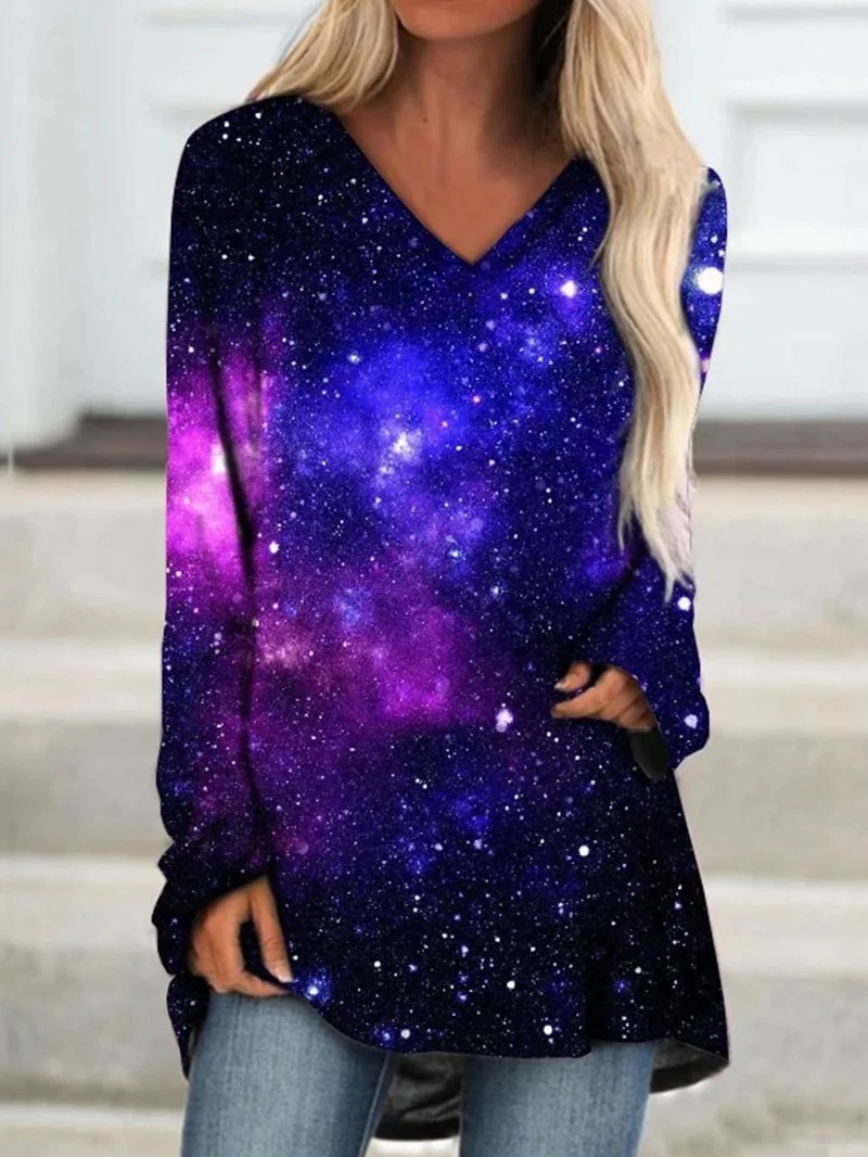 Casual star print V-neck long-sleeved T-shirt