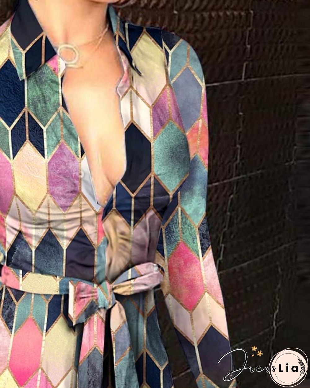 Colorblock Button Design Long Sleeve Shirt Dress P10924