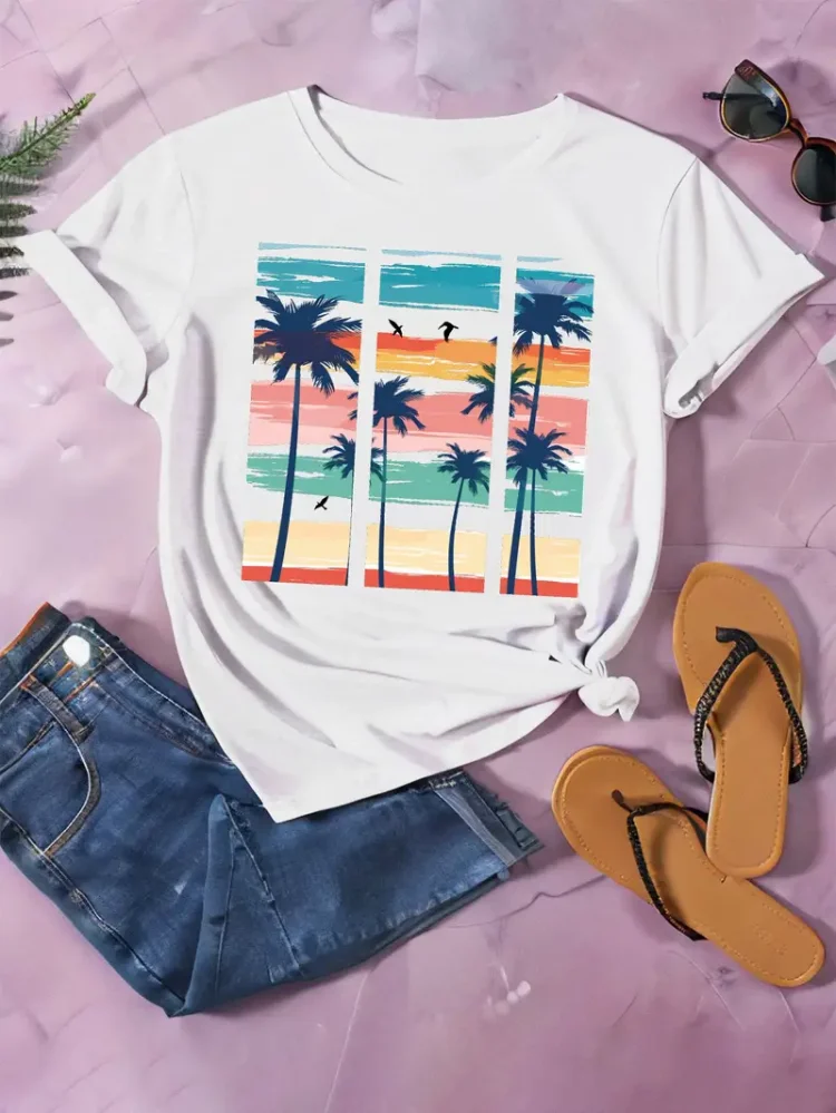 Vibrant Beach & Coconut Tree Print Short Sleeve Crew Neck T-Shirt - Soft Micro Elasticity Polyester Fabric  Casual Geometric Pattern, Regular Length Perfect for Spring & Summer - Womens Casual Wear