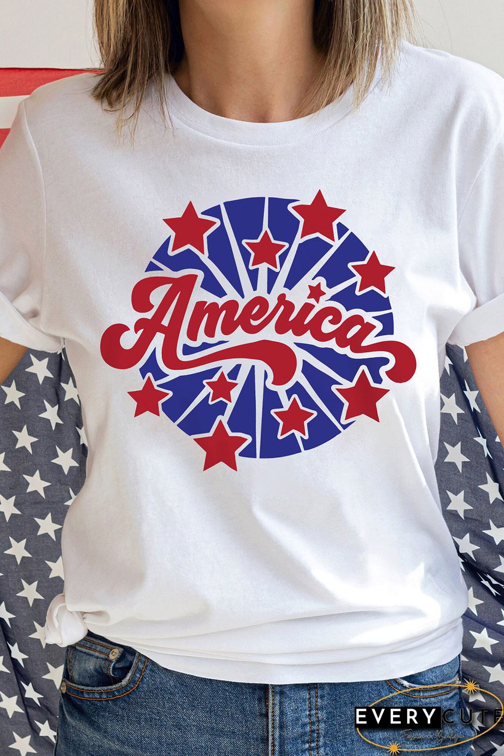 White America Stars Pattern Print Short Sleeve Graphic Tee