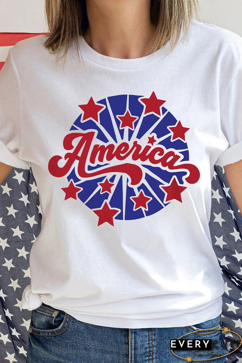 White America Stars Pattern Print Short Sleeve Graphic Tee
