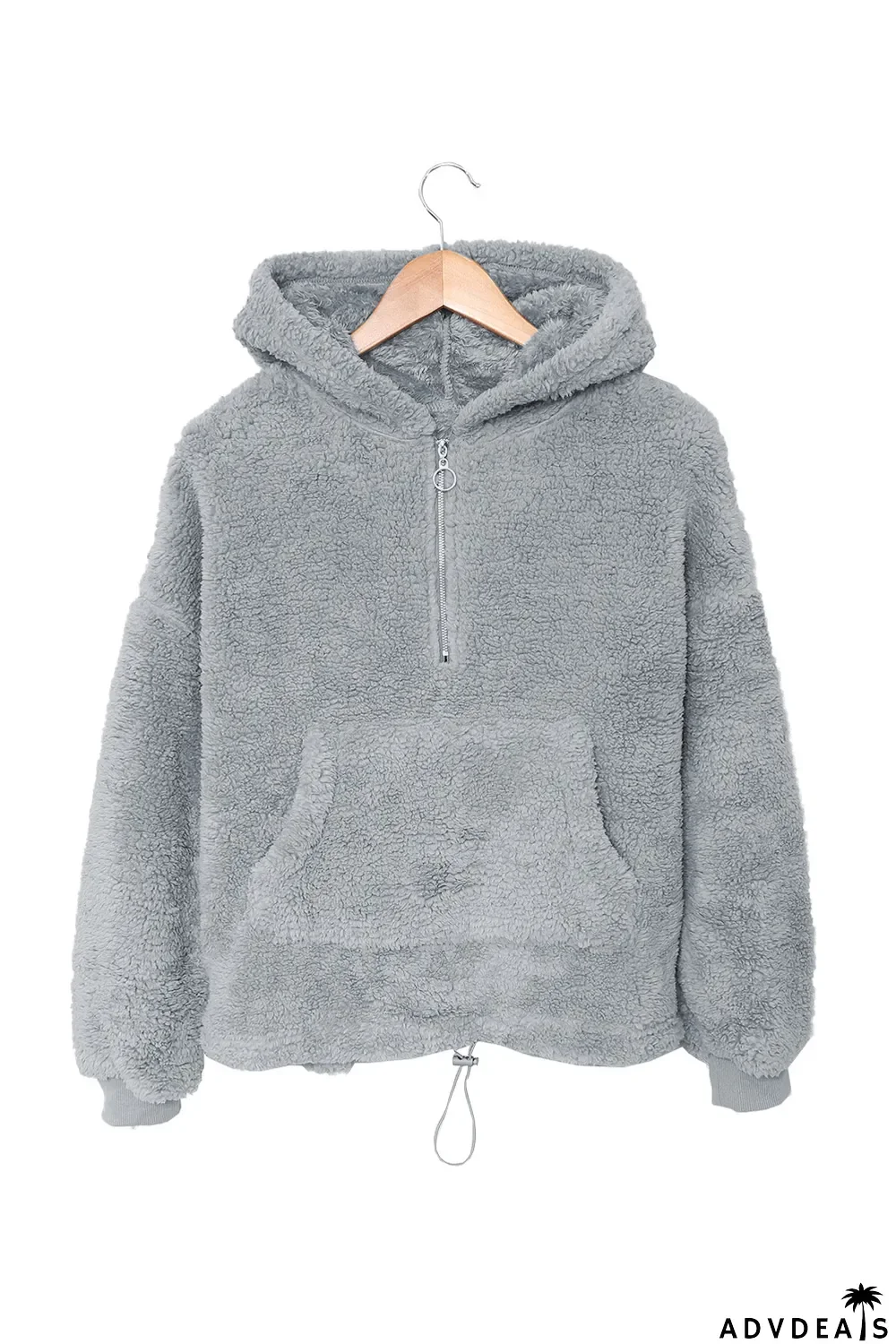 Gray 1/4 Zip Hooded Sherpa Sweatshirt with Kangaroo