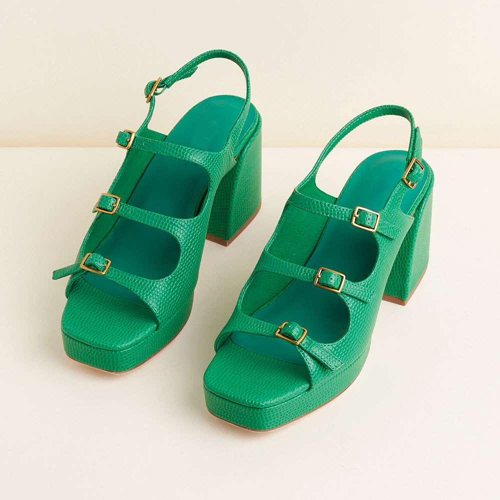 Green Square Toe Block Heel Platform Women's Heel Sandals with Buckle Nicepairs
