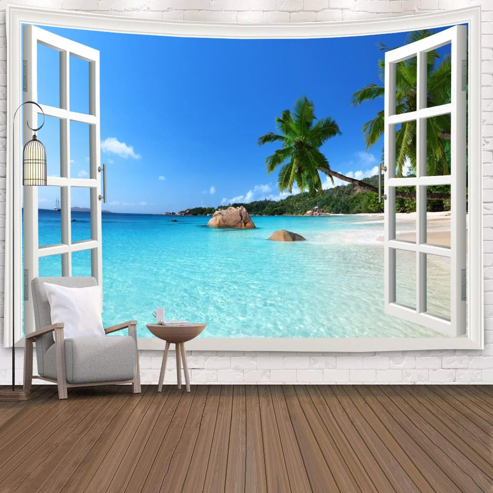 Window Tapestry View Green Plant 3D Sea Flowers Wall Hanging Carpet Blanket Bedspread Yoga Towel Home Beach Wall Decor Dropship