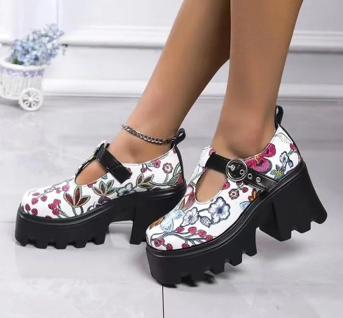 Qengg Flower Heels for Women Round Head Women Shoes 2022 Summer Shoes High Heels Womens Platform Heels Zapatos De Mujer