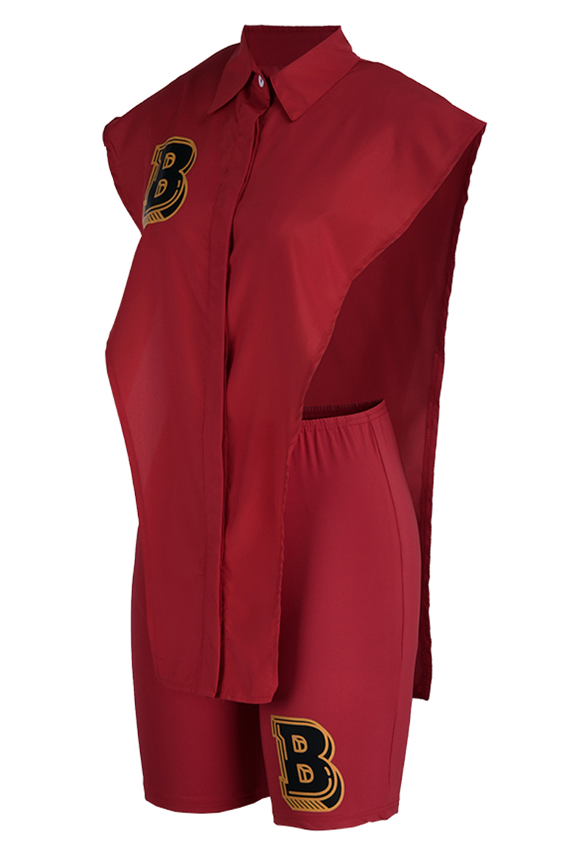 Pink Fashion Casual Letter Print Asymmetrical Turndown Collar Sleeveless Two Pieces