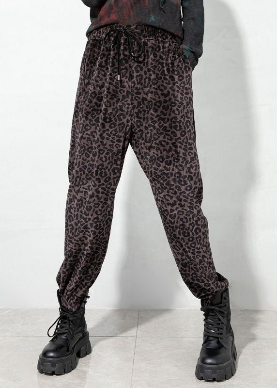 Elegant coffee drawstring Pockets Leopard Corduroy Pants Spring