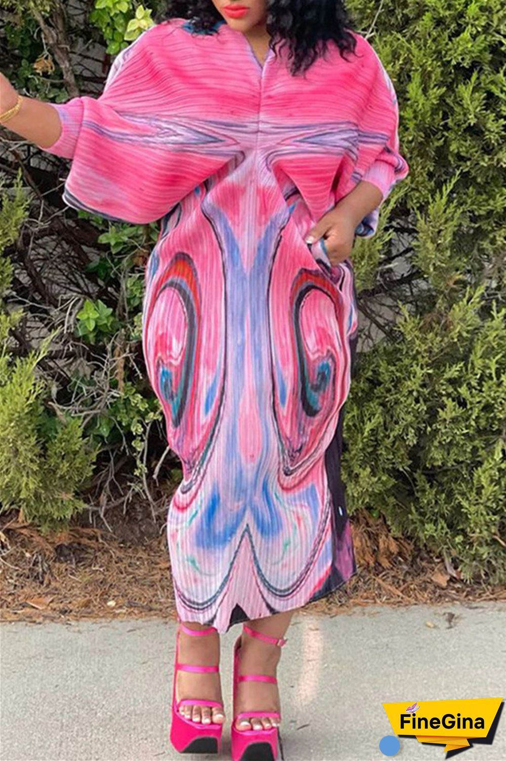 Pink Purple Casual Print Patchwork V Neck Pencil Skirt Plus Size Dresses