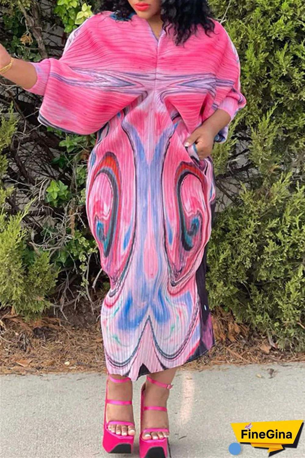 Pink Purple Casual Print Patchwork V Neck Pencil Skirt Plus Size Dresses