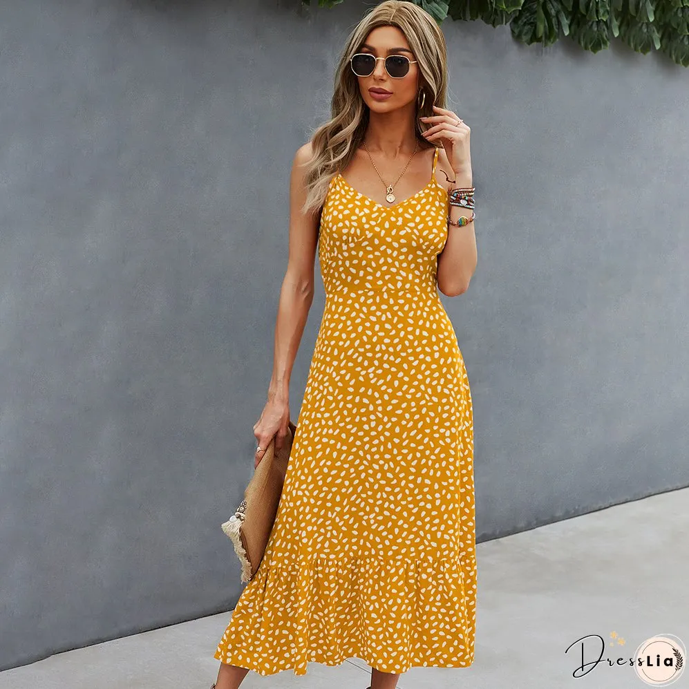 Spring/summer Sexy V-neck Print Slip Casual Midi Dress