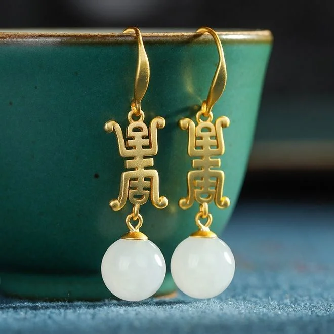 New silver inlaid natural Hetian white jade round bead earrings Chinese style retro palace ethnic charm jade earrings perfect gift for her