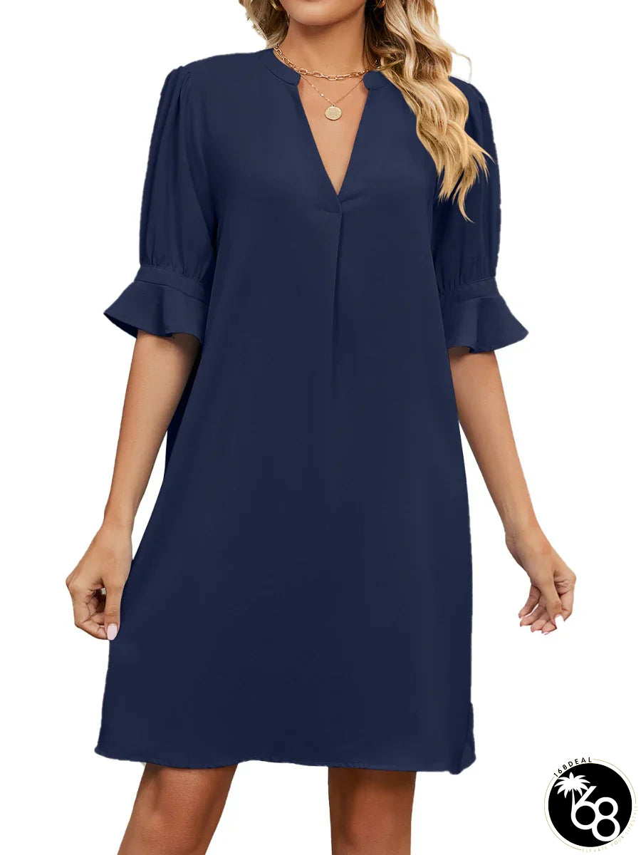 Simple midi dress with V-neck and long sleeves | 168DEAL