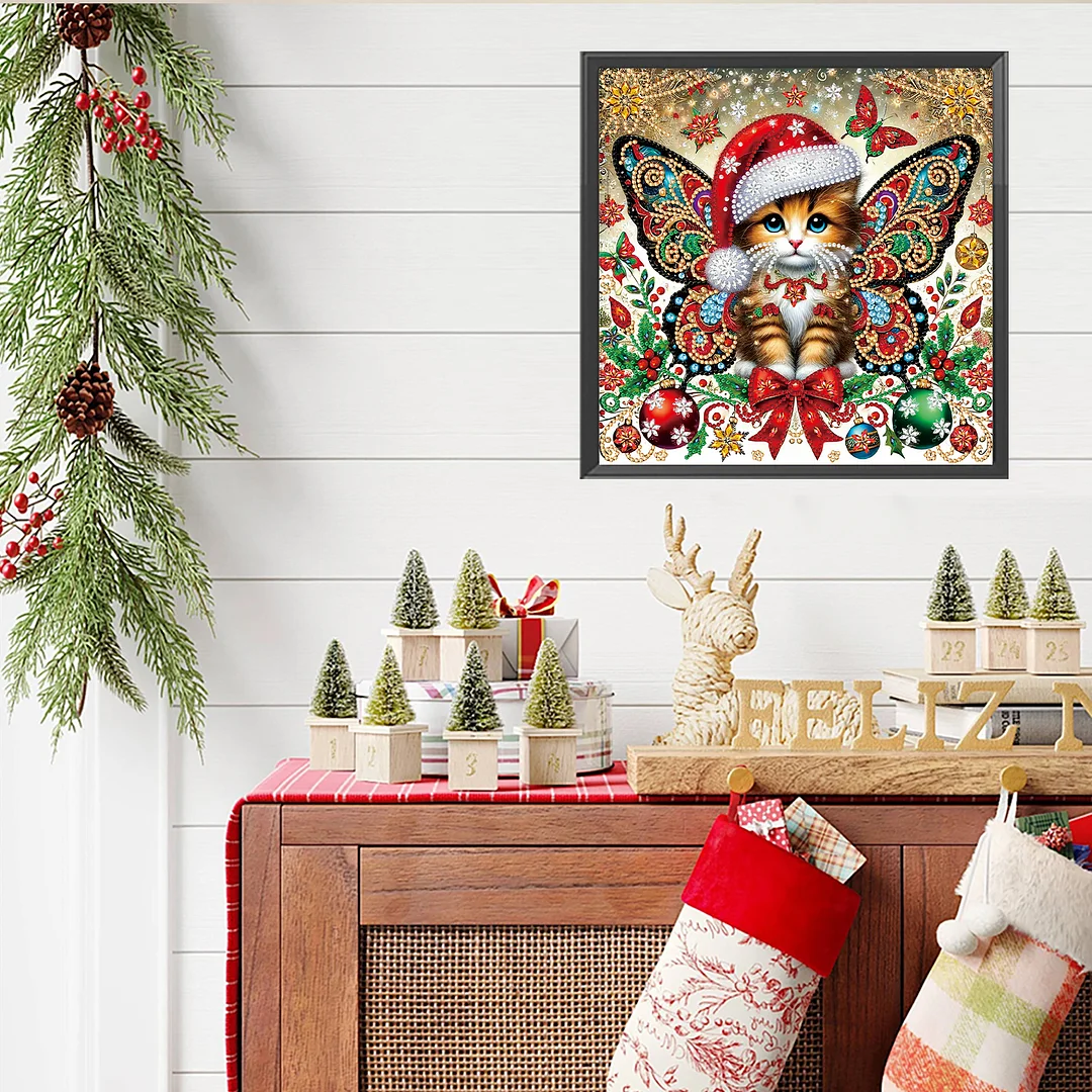 Christmas Cat - Diamond Painting - Partial Special Shaped Drill(Canvas|30*30cm)
