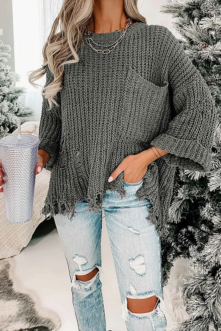 Grey Distressed Loose Pullover Sweater