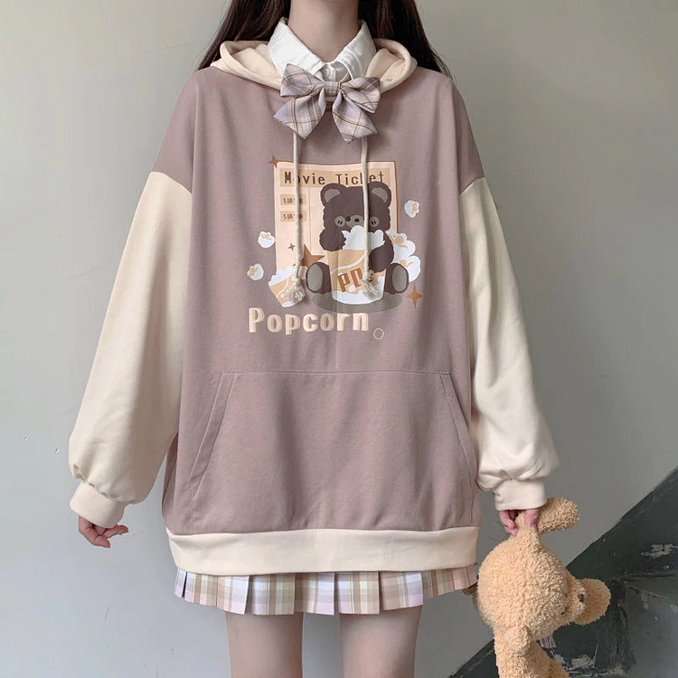 Teddy Bear Popcorn Printed  hoodie - Gotamochi Kawaii Shop, Kawaii Clothes