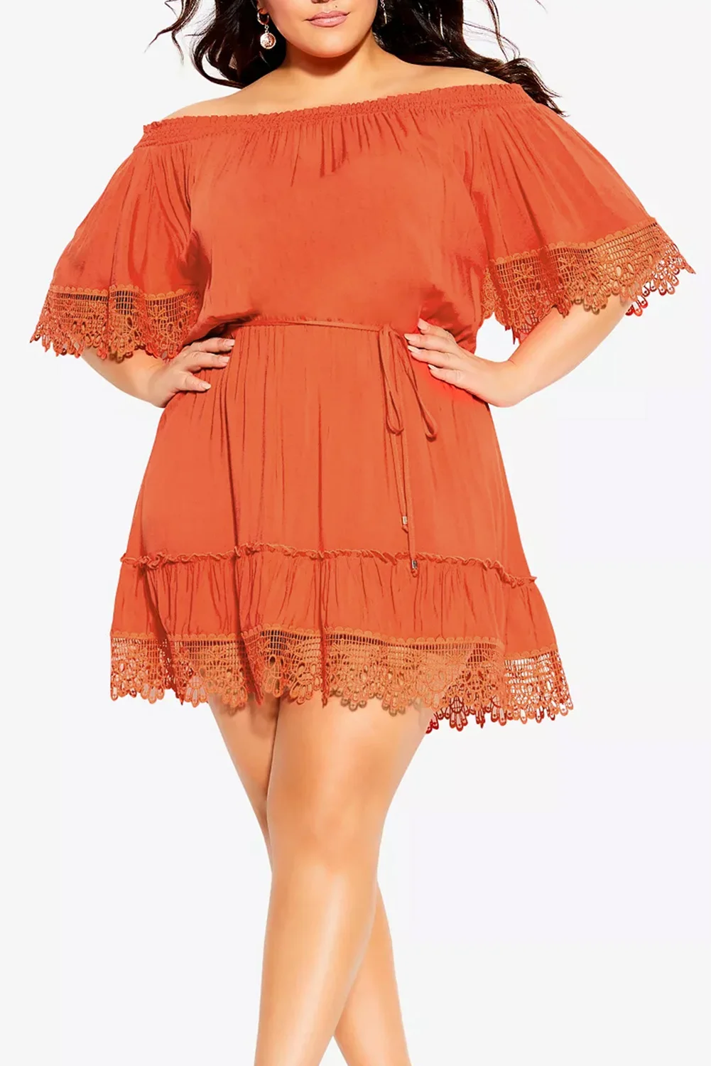 Red Plus Size Crochet Detail Belted Off Shoulder Dress | IFYHOME
