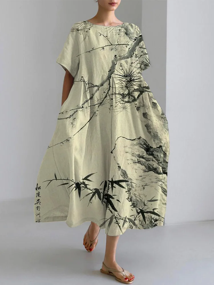 Japanese Art Flower Pattern Linen Blend  Dress