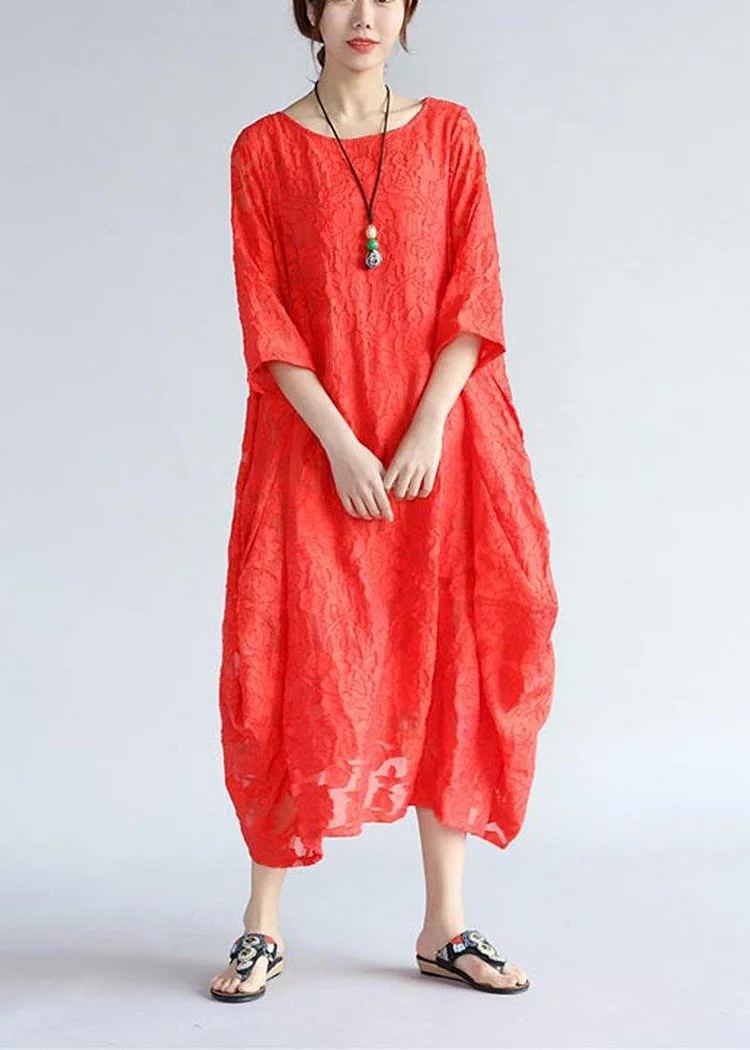 Simple Red Cut Flowers Clothes Women O Neck Asymmetric Plus Size  Summer Dresses