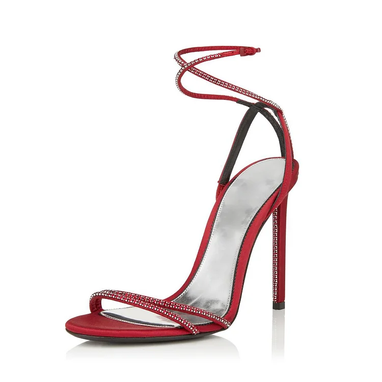 Red Satin Rhinestones Stiletto Heel Ankle Strap Sandals |FSJ Shoes