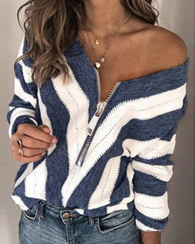 Chevron Pattern Zip Front Long Sleeve Sweater