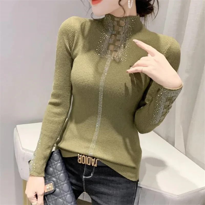 Mesh Splice T-shirt Women Kinted Tees Half High Collar Hot Drilled Pullover Autumn Winter Temperament Slim Basice Female Tshirt