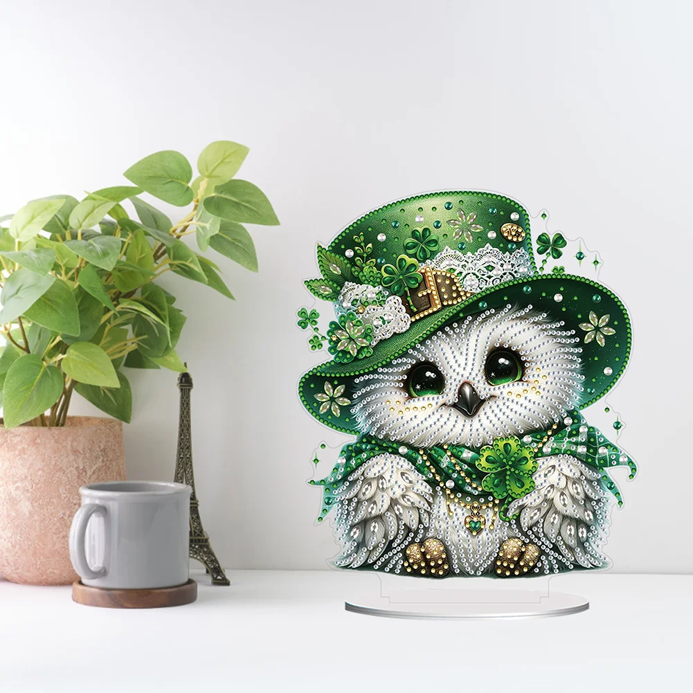 DIY Acrylic St. Patricks Day Owl Special Shape Diamond Painting Tabletop Ornament Creative Home Decor & Gift Idea for Adults - Relaxing Craft Activity