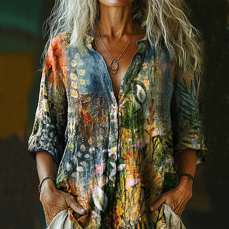 Women's Bohemian Floral Art Linen Shirt