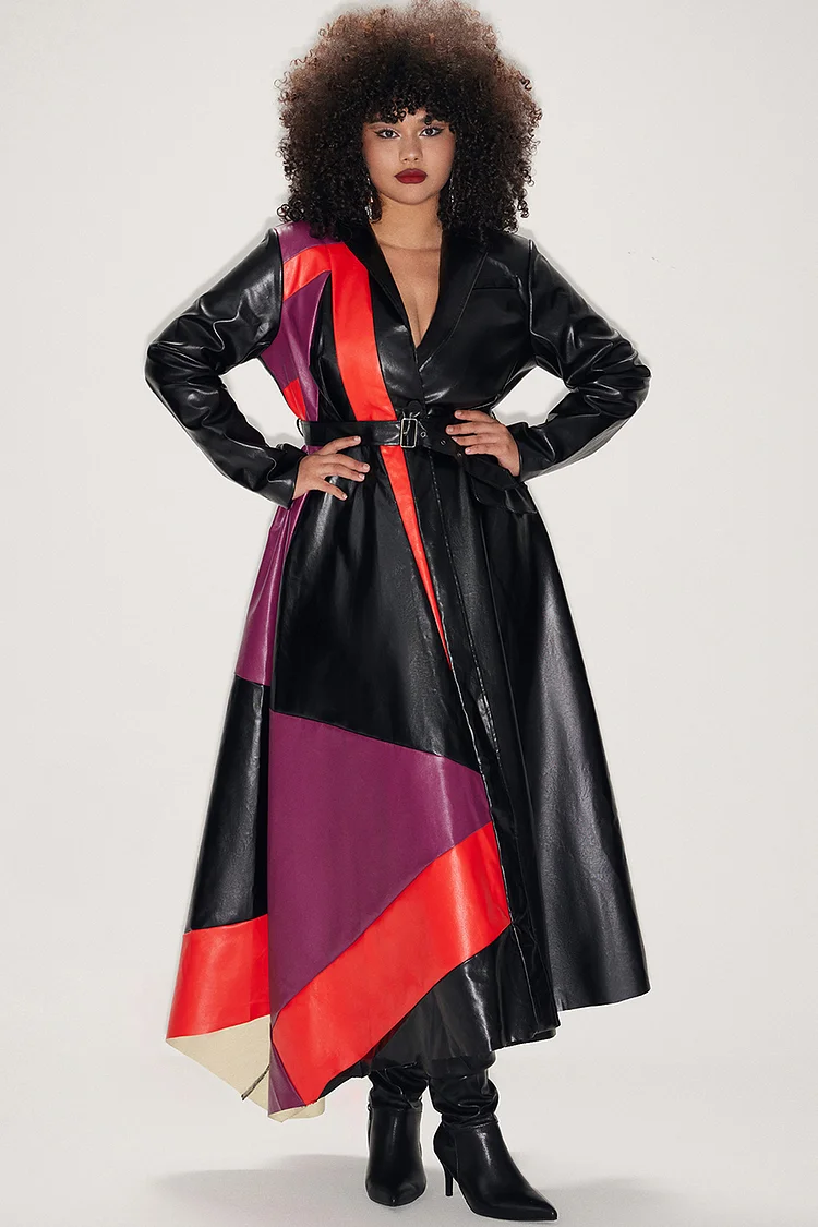 Xpluswear Design Plus Size Daily Trench Coat Black Contrast Color PU Leather Long Windbreaker Trench Coat [Pre-Order]