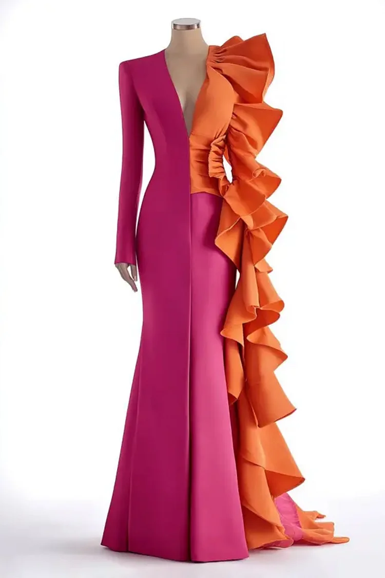 Deep V Neck Colorblock Ruffle Sleeve Maxi Dress-Magenta [Custom-Made]
