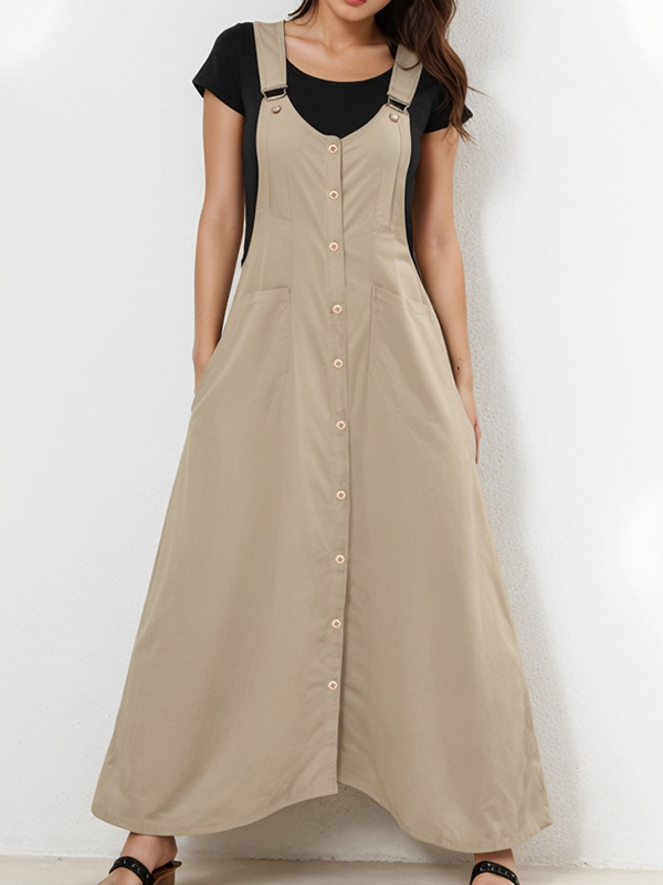 Adjustable Strap Large Pocket Single Row Button Maxi Dress