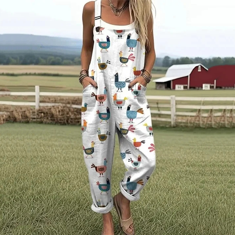 Comstylish Women's Chicken Art Print Casual Jumpsuit