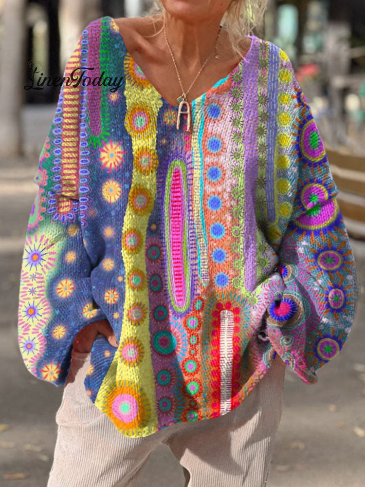 Women’s Irregular Pattern Design Casual Pullover Sweater Multicolor / M