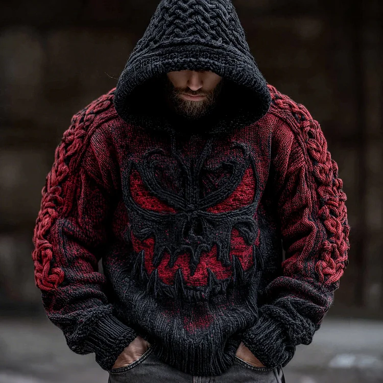 Men's Viking Devil Face Celtic Knot Jacquard Knit Hooded Sweater