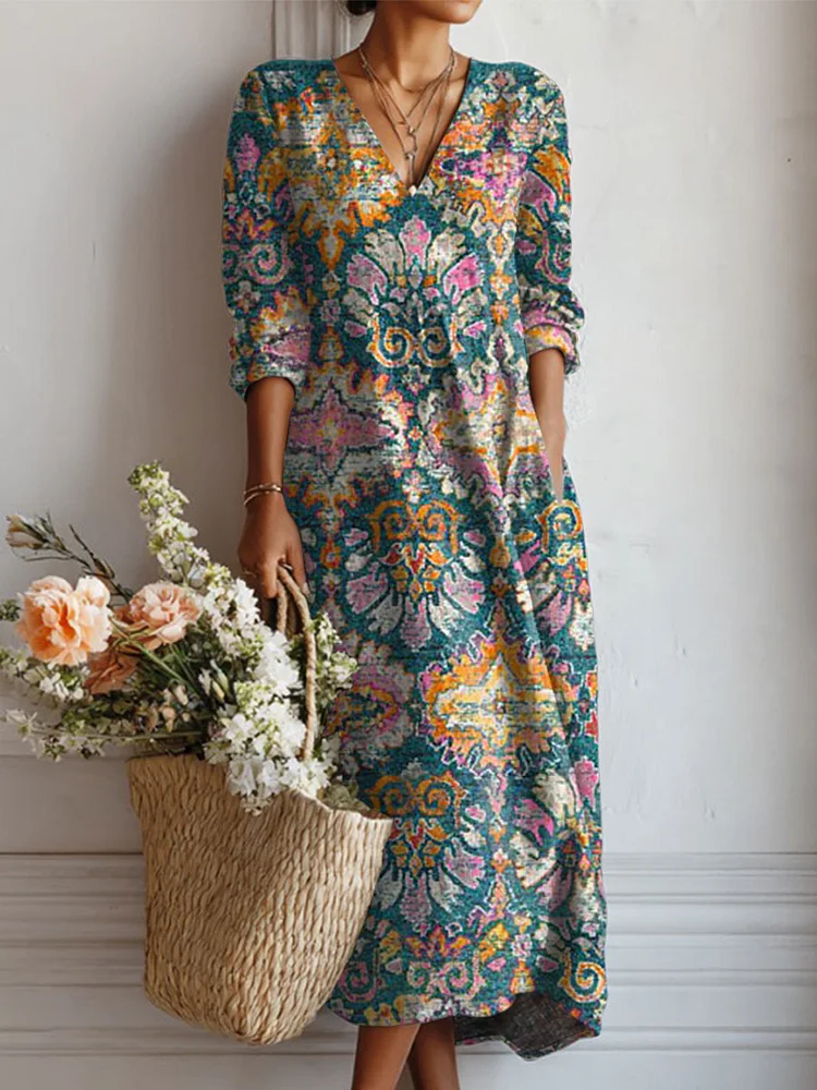 Women's Vintage Flower Art Print Linen Pocket Tunic Dress