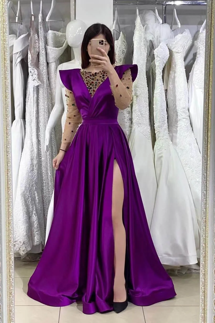 Dark Purple Front Split Mermaid V-Neck Beadings Prom Dress With Long Sleeves ED0185