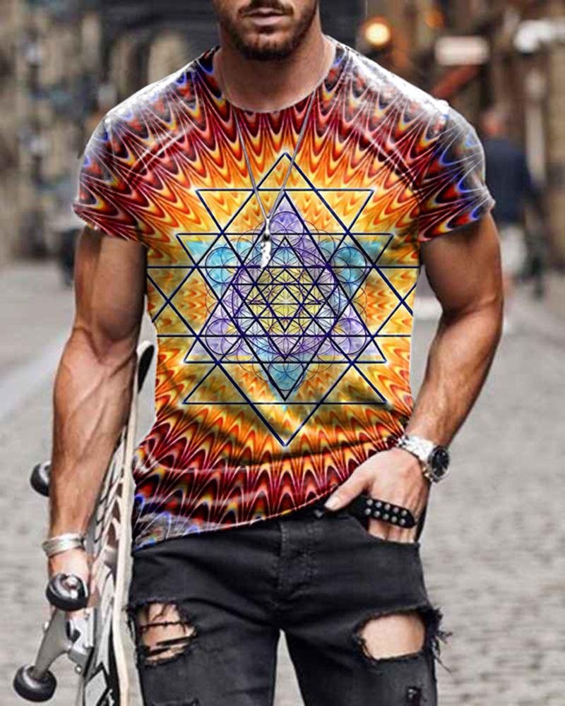 Slim-fit Short-sleeved Multicolor Polygon Pattern Casual T-shirt