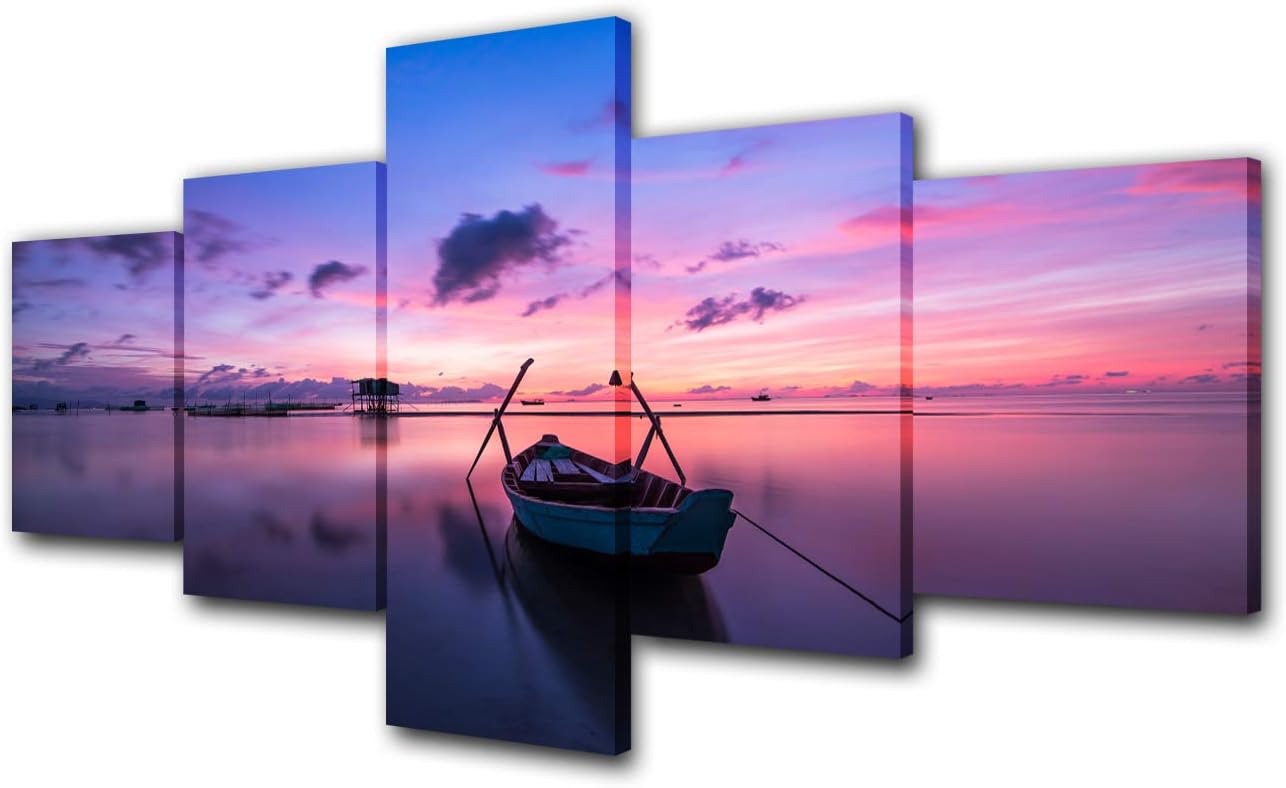 Boat Paintings for Living Room Fantasy Ship Pictures Sailing Ship at Sunset Wall Art 5 Panel Printed on Canvas Seascape Artwork House Decor Gallery-Wrapped Wooden Framed Ready to Hang(50''Wx24''H) 50WX24H