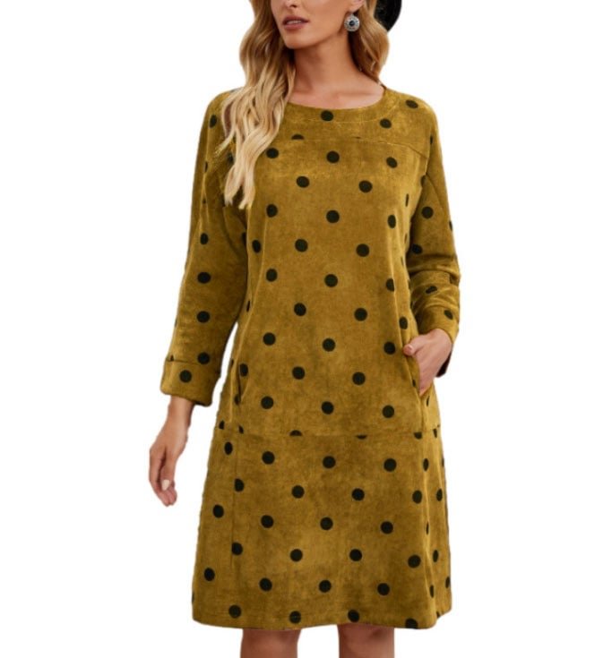 Corduroy Polka Dot Print Pocket Dress | EGEMISS