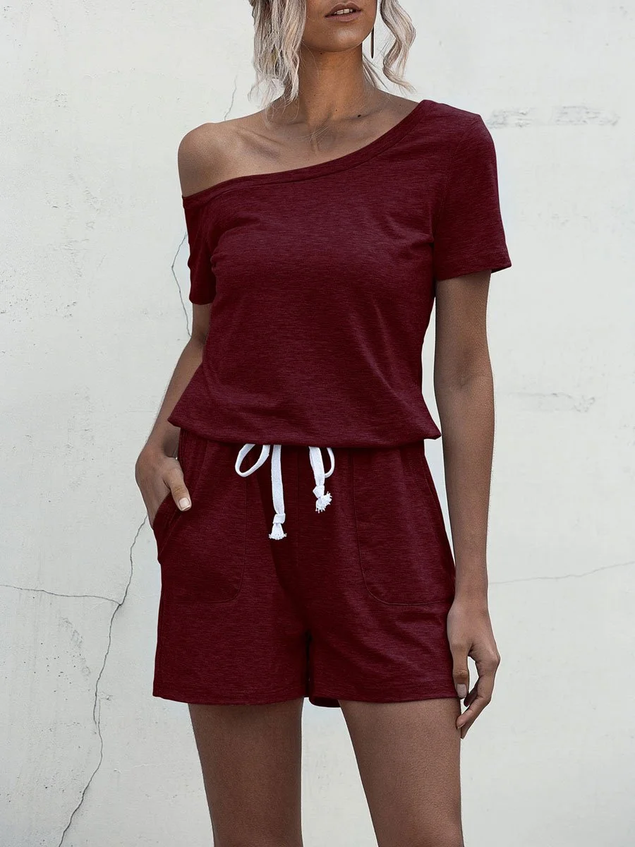 Off-shoulder Short Sleeve Pocket Lace-up Romper