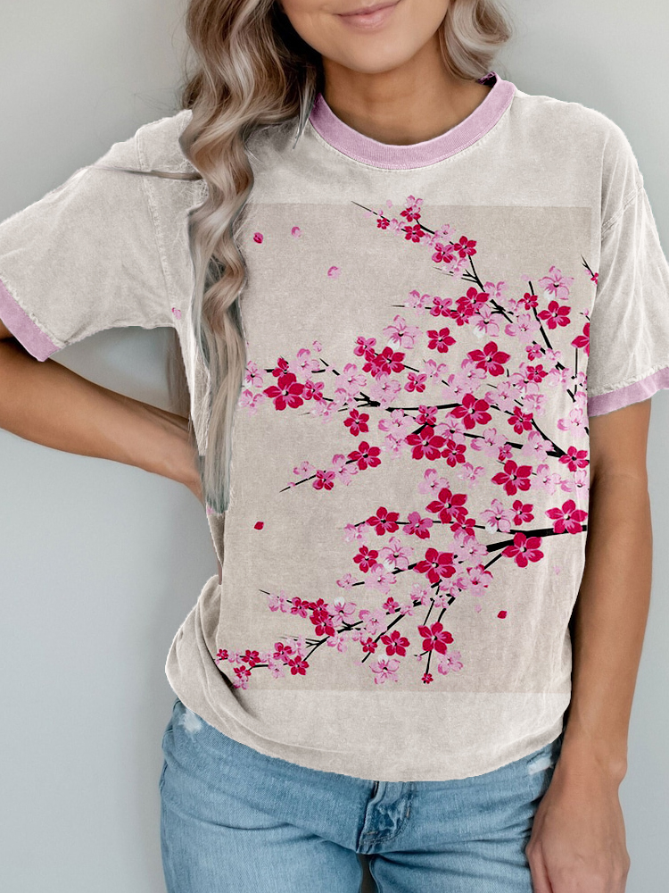 Comstylish Japanese Cherry Blossom Vintage Washed T Shirt