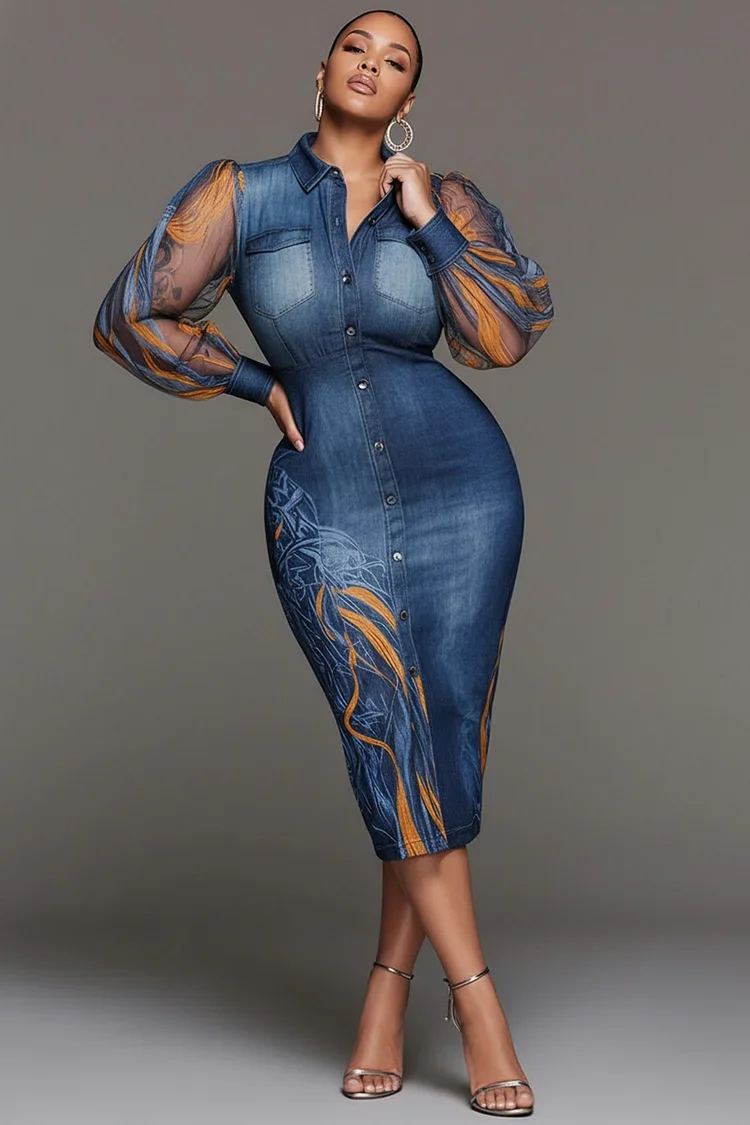 Xpluswear Design Plus Size Business Casual Blue Denim Print Shirt Collar Long Sleeve See Through Elegant Split Midi Dresses 2024 - Xpluswear
