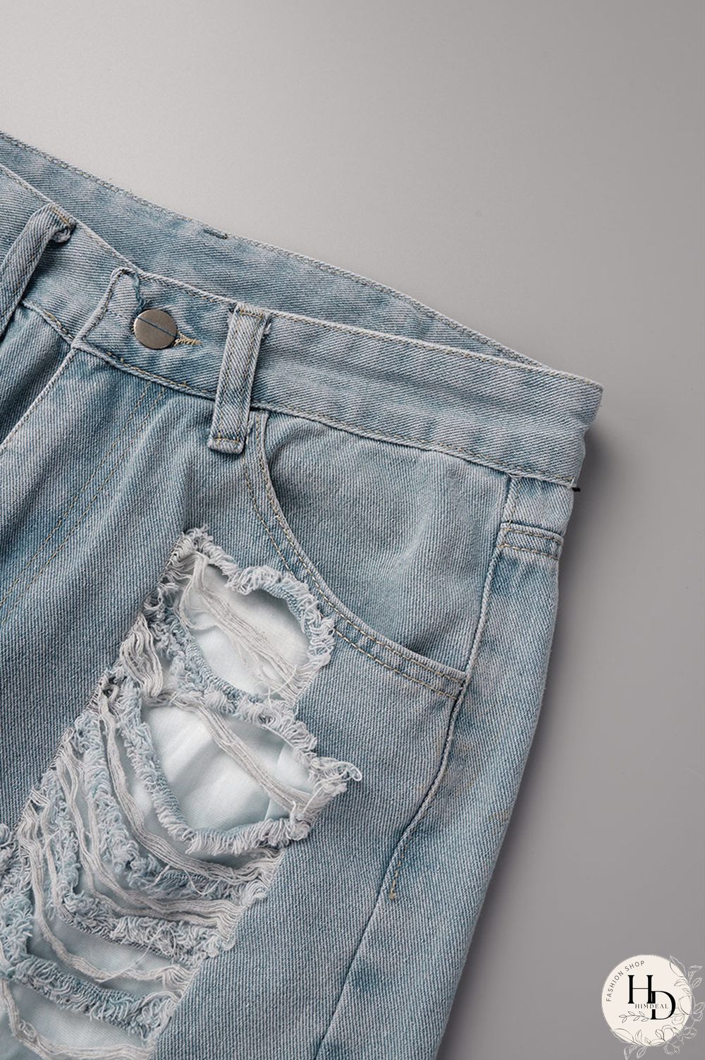 Sky Blue Street Solid Ripped Make Old Patchwork High Waist Denim Jeans