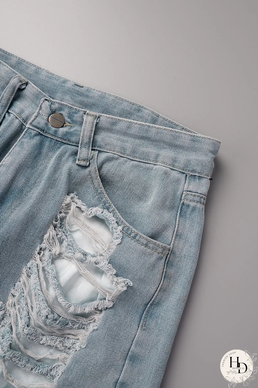 Sky Blue Street Solid Ripped Make Old Patchwork High Waist Denim Jeans