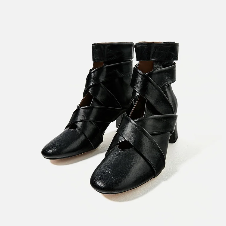 Women's Black Round Toe Ankle Strappy Heels Chunky Heel Boots by FSJ |FSJ Shoes