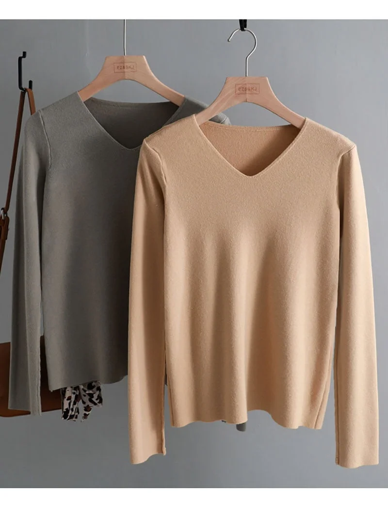 chic casual Autumn Winter Basic Sweater pullovers Women v-neck Solid Knit Slim Pullover female Long Sleeve warm Khaki Sweater