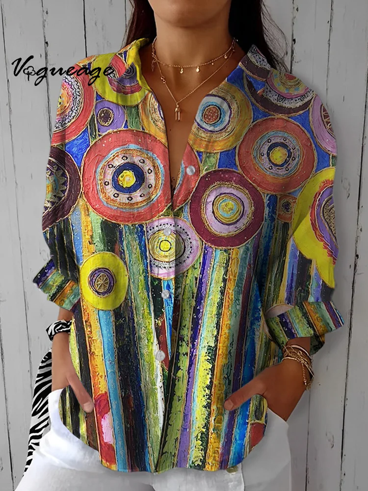 Bright Colored Circles And Lines Printed Cotton And Linen Shirt
